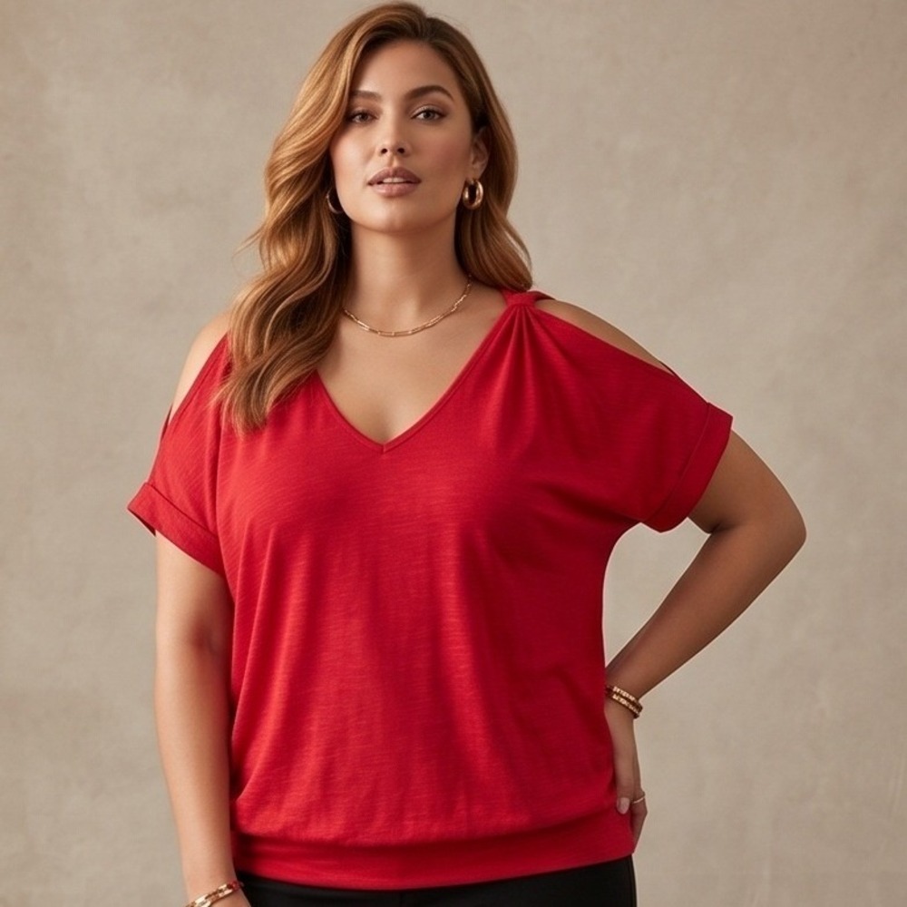 Torrid 0 Red Cold Shoulder V-Neck Georgette Slub Blouse Short Sleeve XL